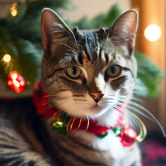 Cute cat portrait, christmas illustration kittie.