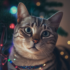 Cat portrait, lights, balls, christmas tree decoration.