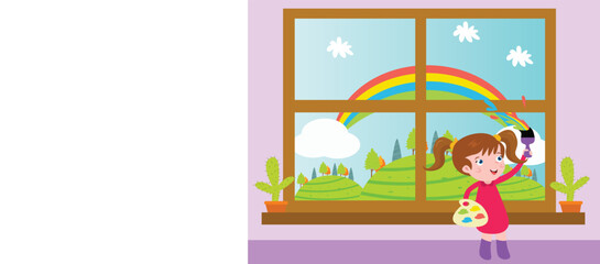 Obraz na płótnie Canvas Cute girl painting rainbow on the window