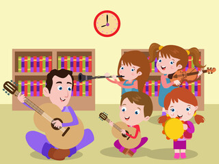 Learning music vector concept: Male teacher and group of students playing music instrument together at school