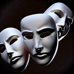 White theater masks on black background. 3D rendered illustratio - obrazy, fototapety, plakaty