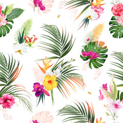 Tropical greenery print with exotic palm leaves, bright hot pink exotic flowers, monstera