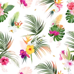 Selbstklebende Fototapeten Tropical greenery print with exotic palm leaves, bright hot pink exotic flowers, monstera © lavendertime