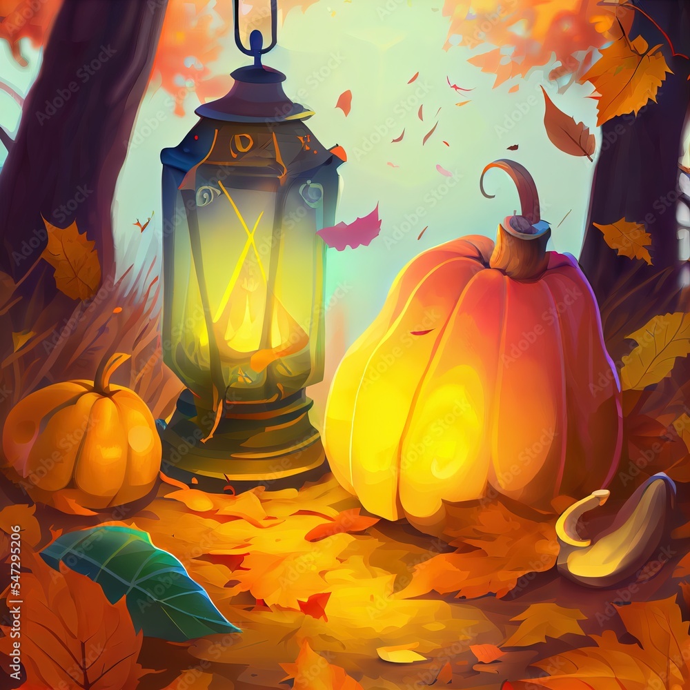 Sticker autumn composition with pumpkins and a lantern on fallen leaves, halloween pumpkins , anime style