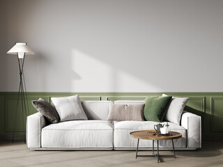 Green minimalist interior with sofa, blank wall, coffee table and decor. 3d render illustration mockup