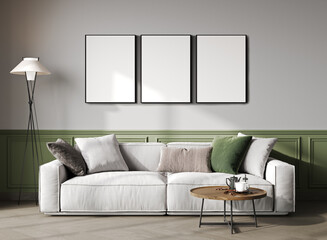 Three blank frames mock up in modern living room interior, minimalist style, 3d rendering