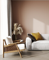 Pastel peach room interior, living room interior mockup, empty wall and white sofa, 3d rendering
