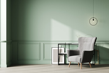 Room with green wall and wooden floor with gray modern armchair. Bright room interior mockup. Empty room for mockup. 3d rendering