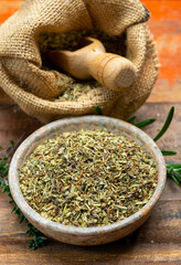 Herbes de Provence, mixture of dried herbs typical of the Provence region, blends often contain savory, marjoram, rosemary, thyme, oregano, lavender leaves, used with grilled foods and stew