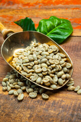 Green coffee beans from South America coffee producing region, from Colombia and Brazil with mountain ranges and climate ideal for coffee growing