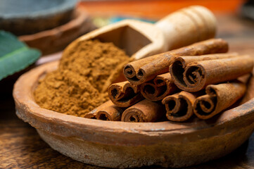 Indian spices collection, dried aromatic cinnamon barks and another spices in clay bowls