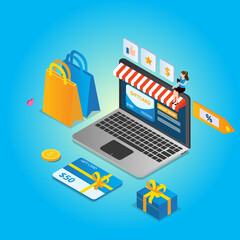 Woman online shopping with a gift card on website on laptop