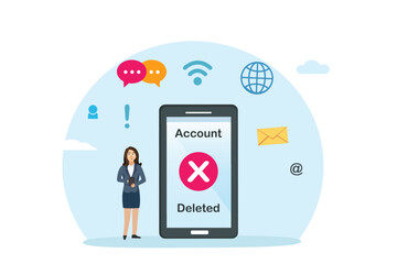 Account deactivation vector concept. Businesswoman using a cellphone application while deleting her account of social media