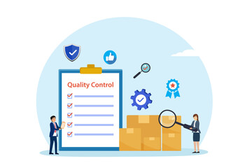 Quality control checklist with business people and cardboard