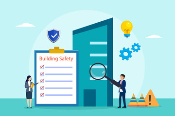 Building safety vector concept. Two business people using a magnifier to checking building while standing with building safety document