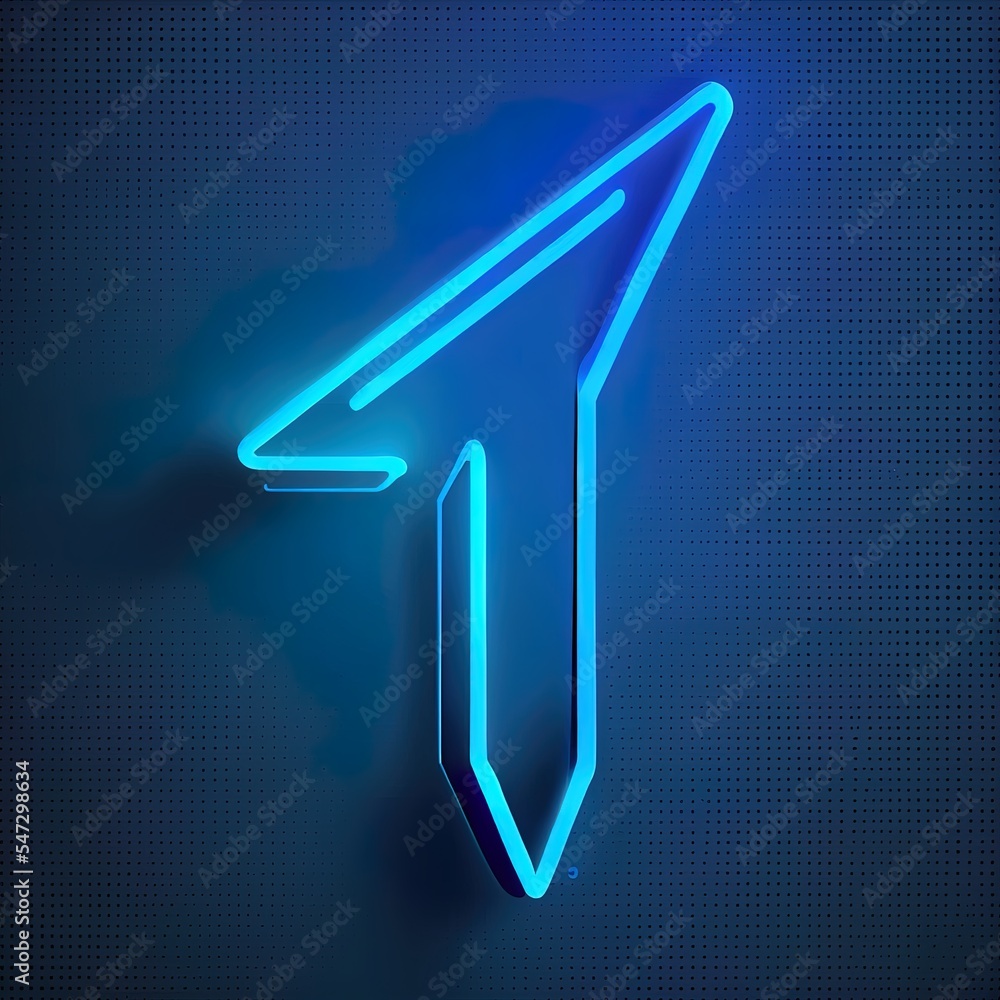 Aufkleber cursor neon in 3d style on blue background. arrow 3d 2d illustrated icon. flat cursor neon for web d