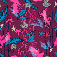 Christmas bunny colorful seamless pattern on pink background. Symbol of 2023. Cute drawing seamless wallpaper, fabric print, textile design. Can be used for scrapbook paper, wrapping paper, packaging.