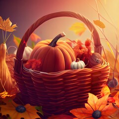 autumn composition with pumpkin and dry flowers in basket fall seasonal natural background symbol of Autumn harvest, Thanksgiving, Mabon sabbat and Halloween holiday High quality photo , anime style - obrazy, fototapety, plakaty