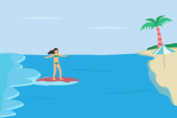 Obraz na płótnie Canvas Woman in bikini riding a surfboard on the beach enjoying summer holiday, flat design illustration