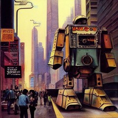 Robot on old city street generative ai 