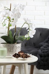 Aromatic potpourri of dried flowers in plate and beautiful houseplant on white table indoors
