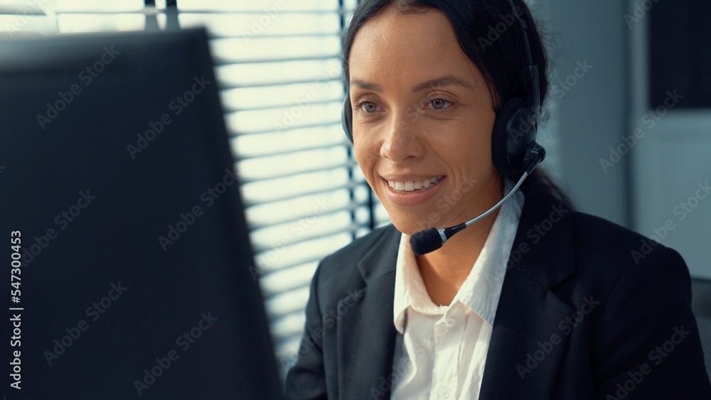 Aufkleber competent female operator working on computer and talking with clients. concept relevant to both cal
