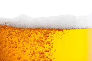 Tasty beer with foam in glass, closeup