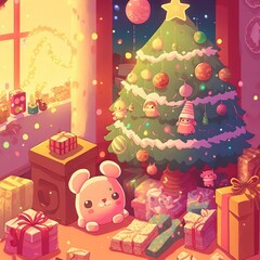 Obraz na płótnie Canvas Kawaii christmas tree and gifts