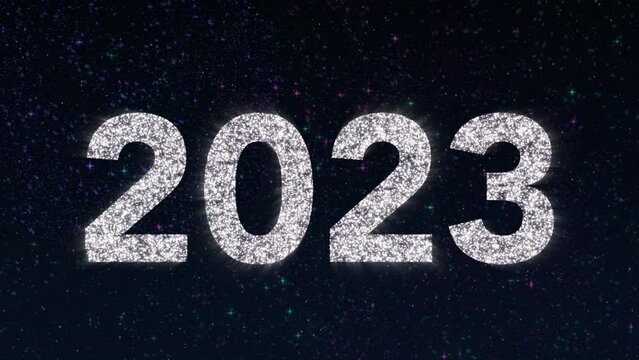 2023 tittle animation on a blue background with fireworks. Happy New Year 2023 Greetings Card Abstract Blinking Sparkle Glitter Particle. Merry Christmas. 