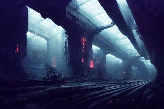 Lifeless gloomy underground city landscape with futuristic dystopia setting. Spectacular cyberpunk sci-fi mechanical structure or subway station in dark scifi metropolis. Digital art 3D illustration.