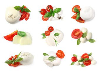 Set with delicious mozzarella, fresh tomatoes and basil on white background