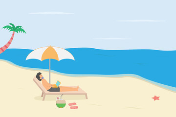 Summer holiday vector concept: Young man using laptop while relaxing in the beach