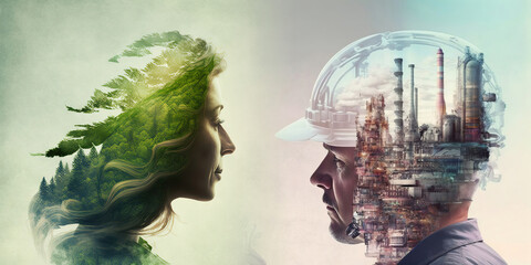 Climate change and global warming prevention concept shown by people devotion to save our planet against dirty industry, air pollution and carbon dioxide emission presented with double exposure image - obrazy, fototapety, plakaty