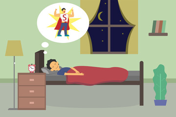 Boy sleeping on bed and dreaming to be a superhero
