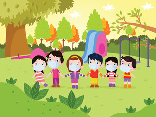Group of playful children holding hands at the park, flat design illustration