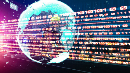 Futuristic global network and tacit digital data transfer 3D graphic . Concept of smart digital transformation and technology disruption that changes global trends in new information era .