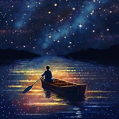 boy rowing a boat in the sea of the starry night with mysterious light, digital art style, illustration painting