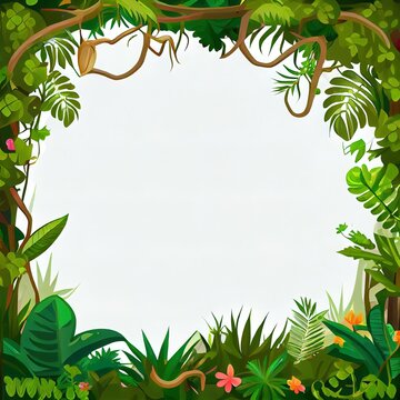 Cartoon tropical jungles frame with liana branch vines, 2d illustrated background. Blank paper with frame border of forest plant thicket and tropical bushes of jungle tree ivy or wild tropical forest