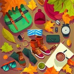 Concept of Autumn, Autumn composition accessories, top view , anime style