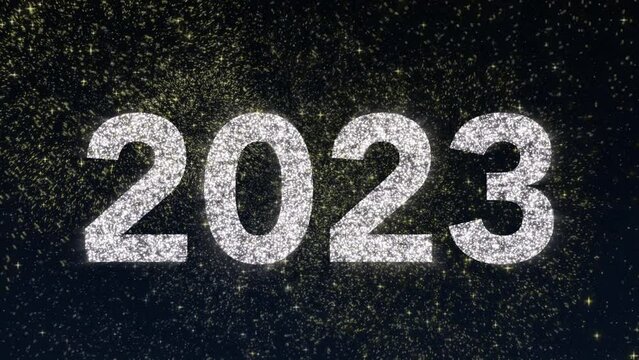 2023 tittle animation on a black background with fireworks. Happy New Year 2023 Greetings Card Abstract Blinking Sparkle Glitter Particle. Merry Christmas. 