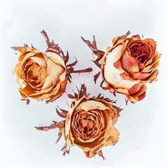 Autumn composition made of three dried roses on a white background Autumn background Flat lay, top view, copy space , anime style