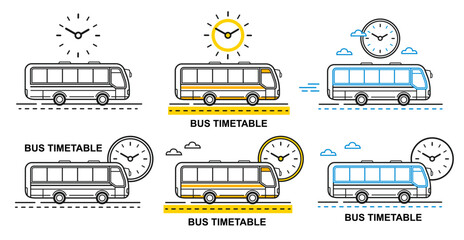 Bus timetable, travel schedule time, arrival, departure hour city public passenger transport line icon set. Autobus with clock. Road tourist trip info. Buy ticket. Waiting urban transportation. Vector