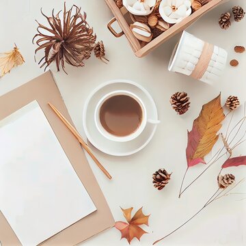 Cozy home desk table with coffee cup, wheat, box with dry petals, pine cones, on white background Autumn composition Flat lay, top view, copy space Hygge, nordic style , anime style