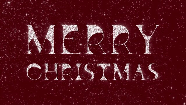 Merry Christmas tittle animation on a red background with silver fireworks. Happy New Year 2023 Greetings Card Abstract Blinking Sparkle Glitter Particle. Unique typeface. 