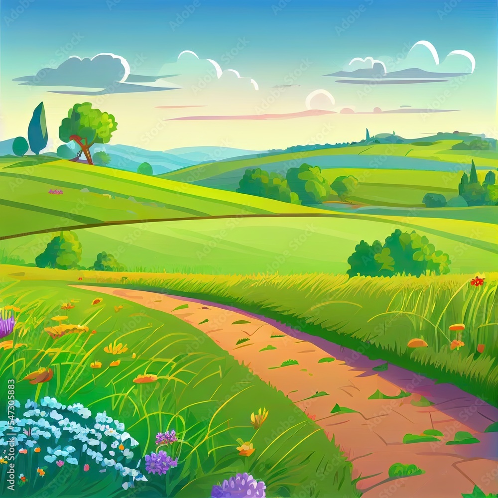 Poster Rural landscape with green agriculture fields, path and bushes with flowers. 2d illustrated cartoon panoramic illustration of summer countryside with pastures, grass and farmland