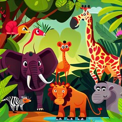 African animals in the jungle. Cartoon and 2d illustrated illustration.