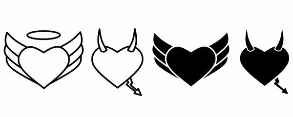 heart love Angel devil icon set isolated on white background.devil angel fairy icon