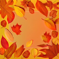 Fototapeta na wymiar Frame of different dry leaves on an orange background, flat, flat, top view, copy space Autumn composition, screensaver Creative layout of colorful autumn leaves Autumn season concept , anime style