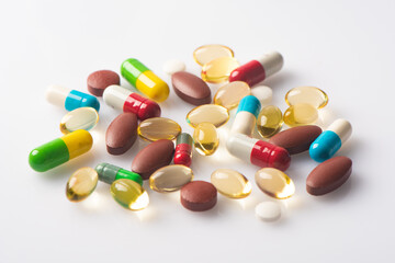 medical pills and tablets and vitamin capsules supplementary food on white background close up.