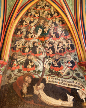 BERN, SWITZERLAND - JUNY 27, 2022: The fresco of Madonna among the Dominican sanits in the church Franzosichche Kirche by anonym Nelkenmeister (1495-1500).